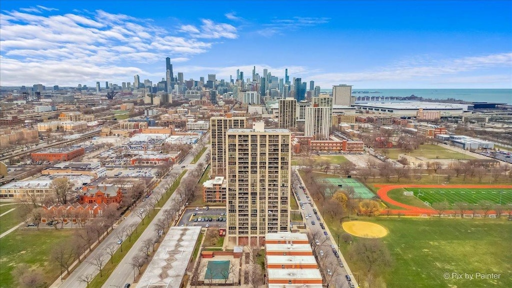 aerial view featuring a water view