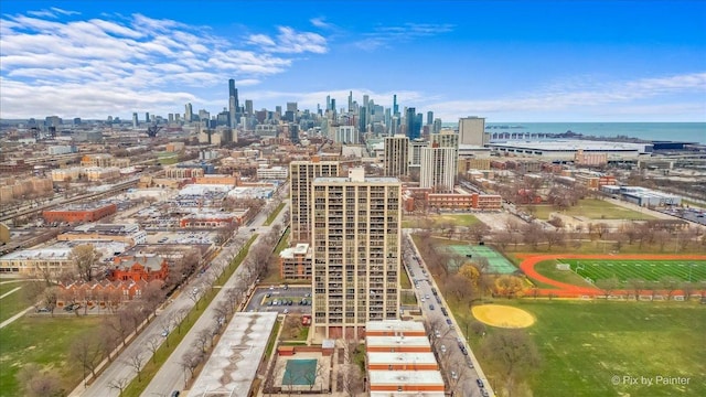 aerial view featuring a water view