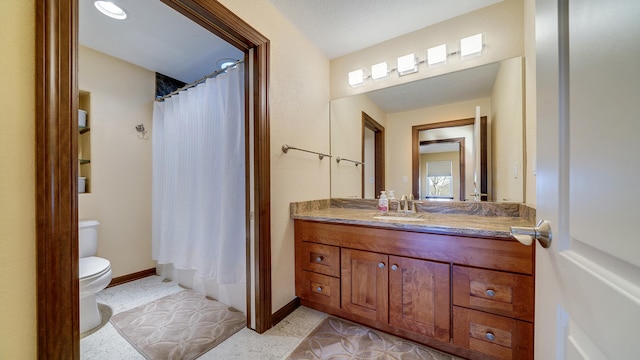 14481 Berglund Rd, Pecatonica, IL 61063 - bathroom with vanity, toilet, curtained shower, and baseboards