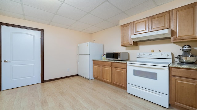 14481 Berglund Rd, Pecatonica, IL 61063 - kitchen with white appliances, under cabinet range hood, a paneled ceiling, light wood-type flooring, and baseboards