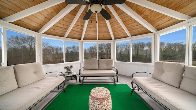14481 Berglund Rd, Pecatonica, IL 61063 - sunroom / solarium featuring outdoor lounge area, ceiling fan, wood ceiling with exposed beams, and wood finished floors
