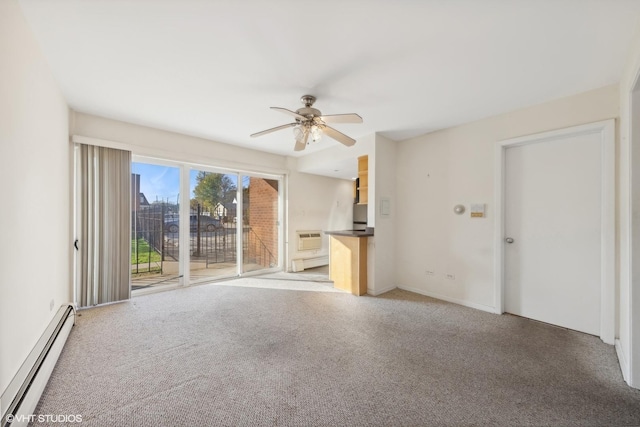 unfurnished living room featuring light carpet, baseboard heating, an AC wall unit, and ceiling fan