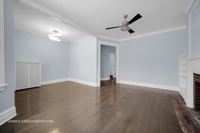 unfurnished living room featuring ceiling fan, dark hardwood / wood-style floors, ornamental molding, and a fireplace