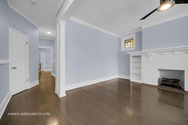 unfurnished living room with ceiling fan, dark wood-type flooring, and crown molding