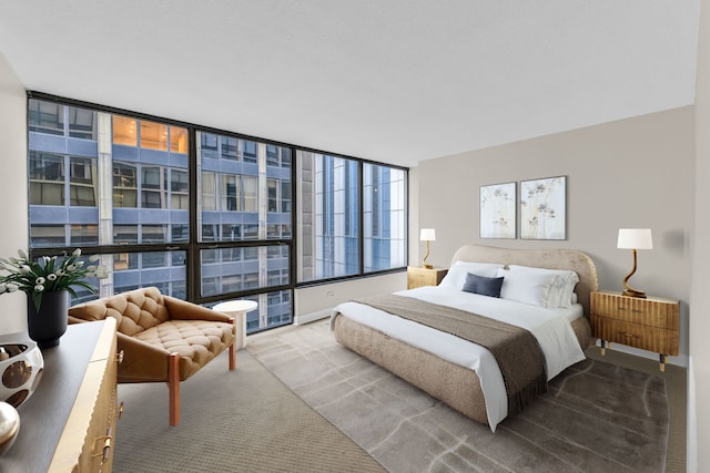 carpeted bedroom with a wall of windows