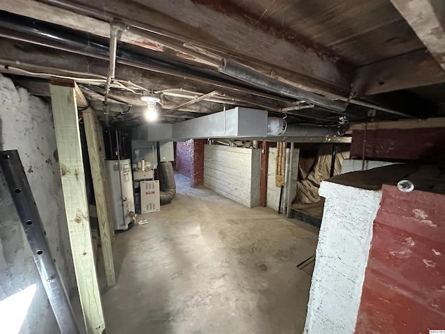 basement with water heater and heating unit