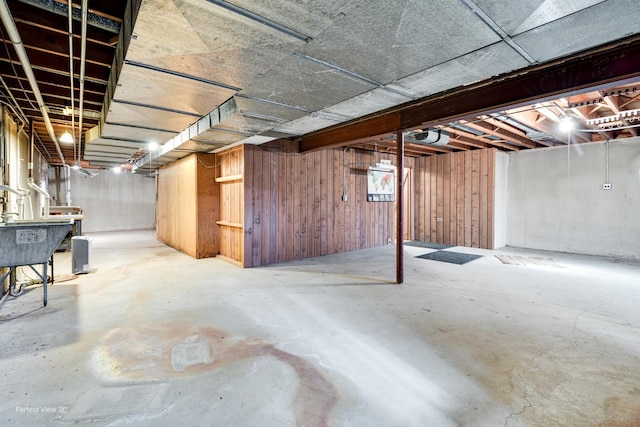 basement with wooden walls