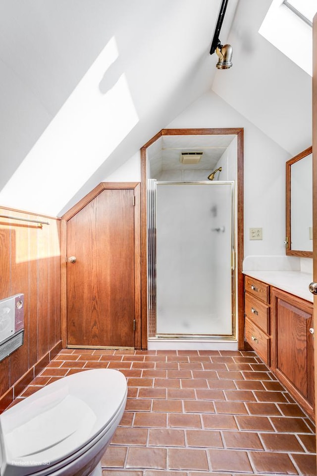 bathroom featuring walk in shower, vanity, toilet, lofted ceiling with skylight, and track lighting