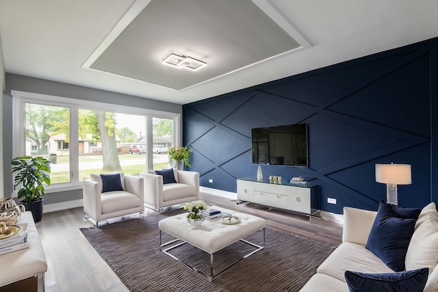 living room featuring hardwood / wood-style floors and a raised ceiling