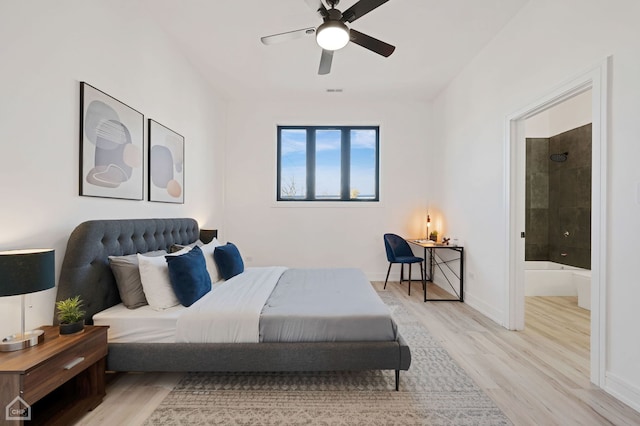 bedroom featuring ceiling fan and light hardwood / wood-style floors