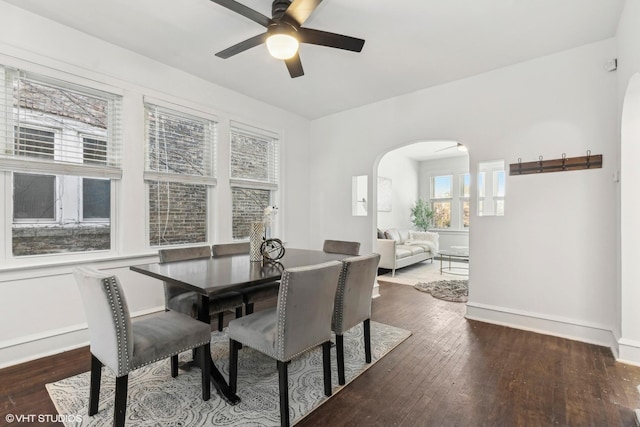 dining space with dark hardwood / wood-style floors and ceiling fan