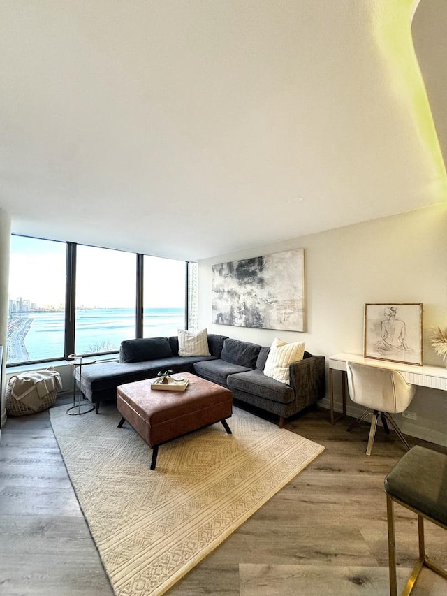 living room featuring a water view, a wealth of natural light, and hardwood / wood-style floors