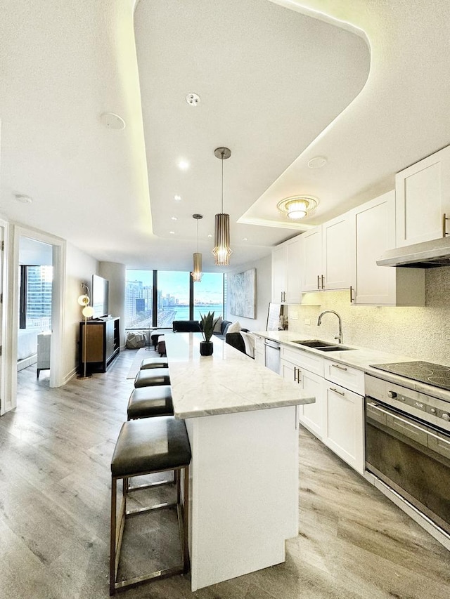 kitchen with white cabinetry, pendant lighting, a tray ceiling, and sink