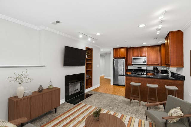 kitchen with kitchen peninsula, stainless steel appliances, track lighting, ornamental molding, and sink