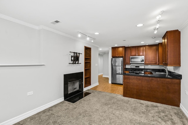 kitchen featuring light colored carpet, kitchen peninsula, sink, stainless steel appliances, and ornamental molding