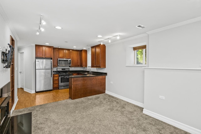 kitchen featuring appliances with stainless steel finishes, sink, kitchen peninsula, light colored carpet, and crown molding