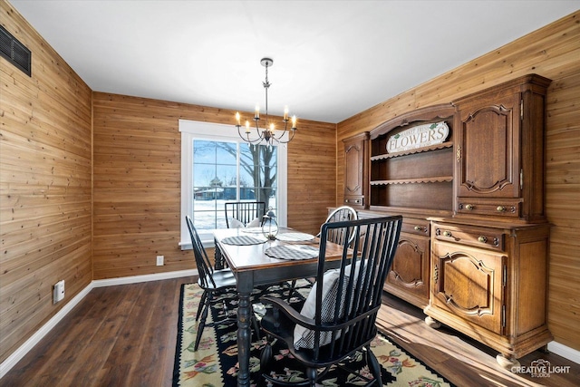 dining room featuring dark wood-type flooring, wooden walls, and a chandelier