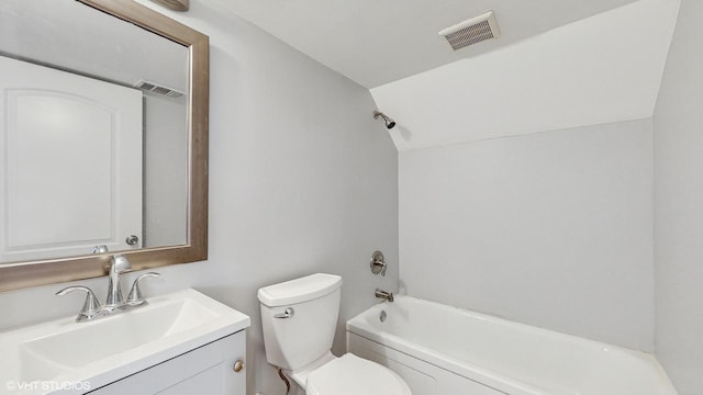 full bathroom featuring toilet, shower / bath combination, lofted ceiling, and vanity