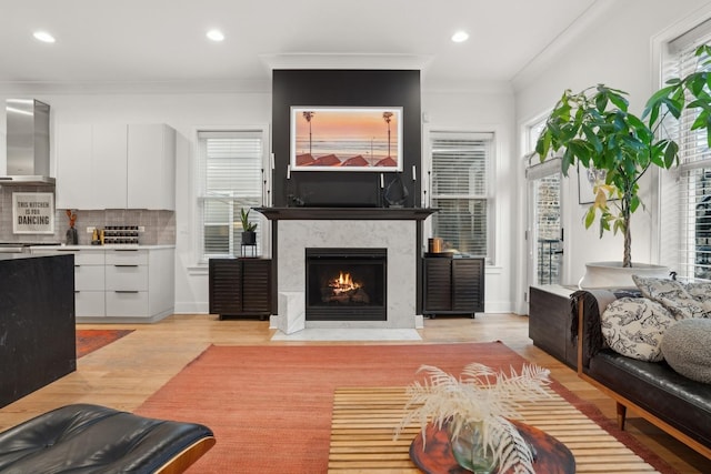 living room featuring light hardwood / wood-style flooring, crown molding, and a fireplace