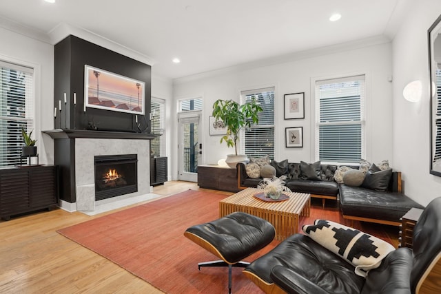 living room with crown molding and light hardwood / wood-style flooring