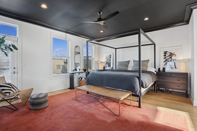 bedroom featuring ceiling fan and light wood-type flooring