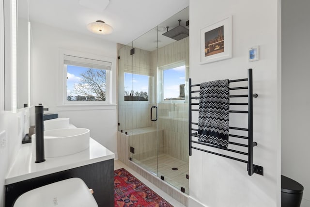 bathroom featuring vanity and a shower with door