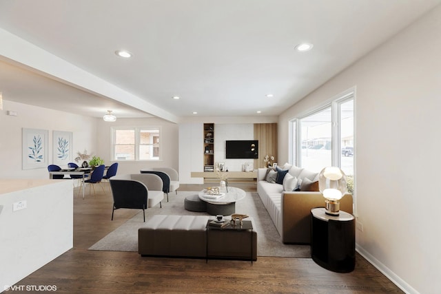 living room with hardwood / wood-style floors and a healthy amount of sunlight