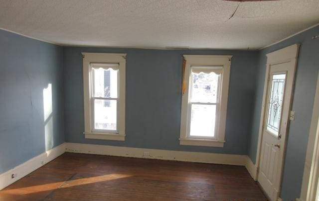 spare room featuring plenty of natural light, dark hardwood / wood-style flooring, and a textured ceiling