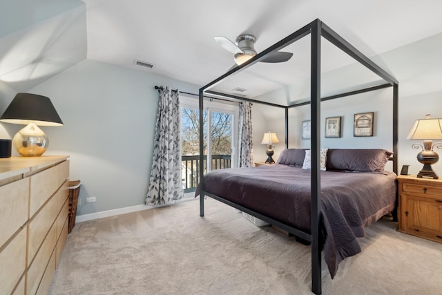 carpeted bedroom with lofted ceiling, access to exterior, and ceiling fan