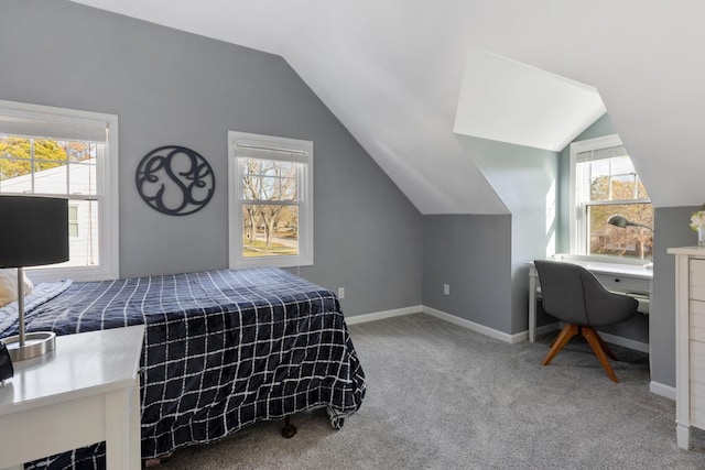 bedroom featuring lofted ceiling and carpet floors