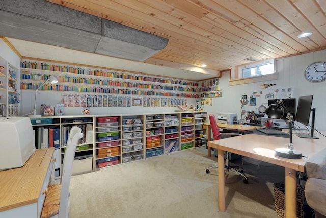 carpeted office space with wooden ceiling