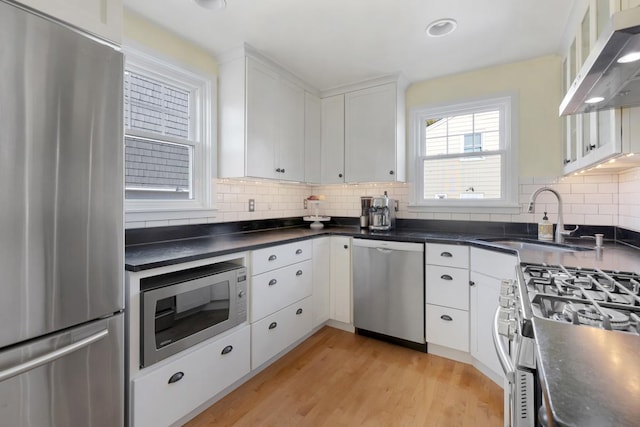 kitchen with exhaust hood, light hardwood / wood-style floors, sink, white cabinetry, and appliances with stainless steel finishes