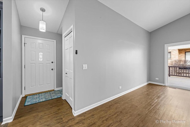 entryway featuring vaulted ceiling and dark hardwood / wood-style flooring