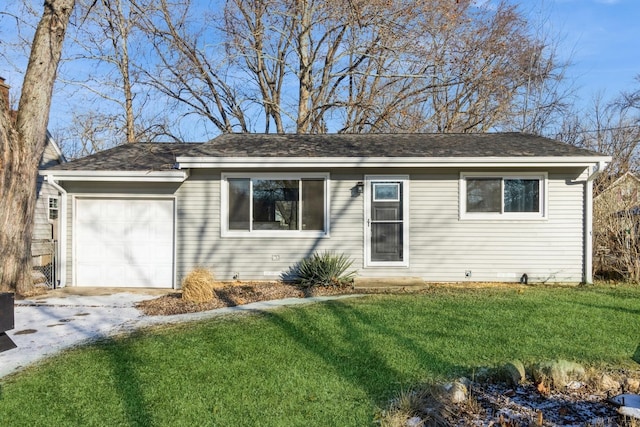 single story home featuring a garage and a front lawn