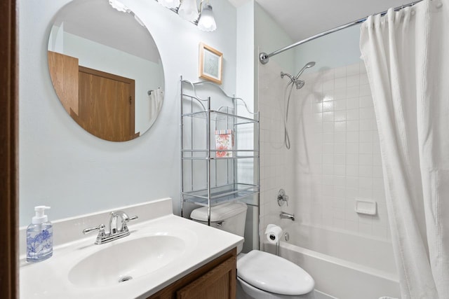 bathroom with vanity, toilet, and shower / bathtub combination with curtain