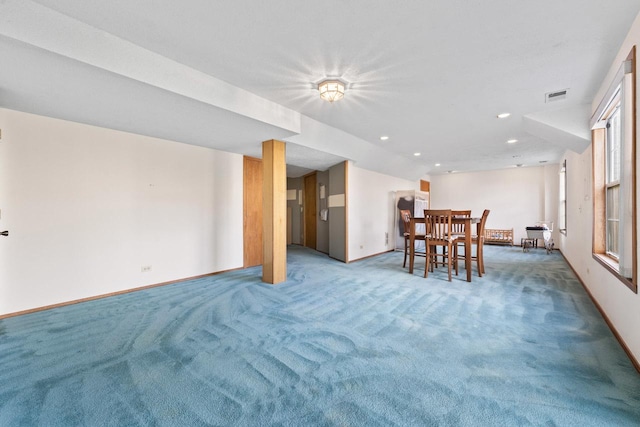 carpeted dining space featuring recessed lighting, visible vents, and baseboards