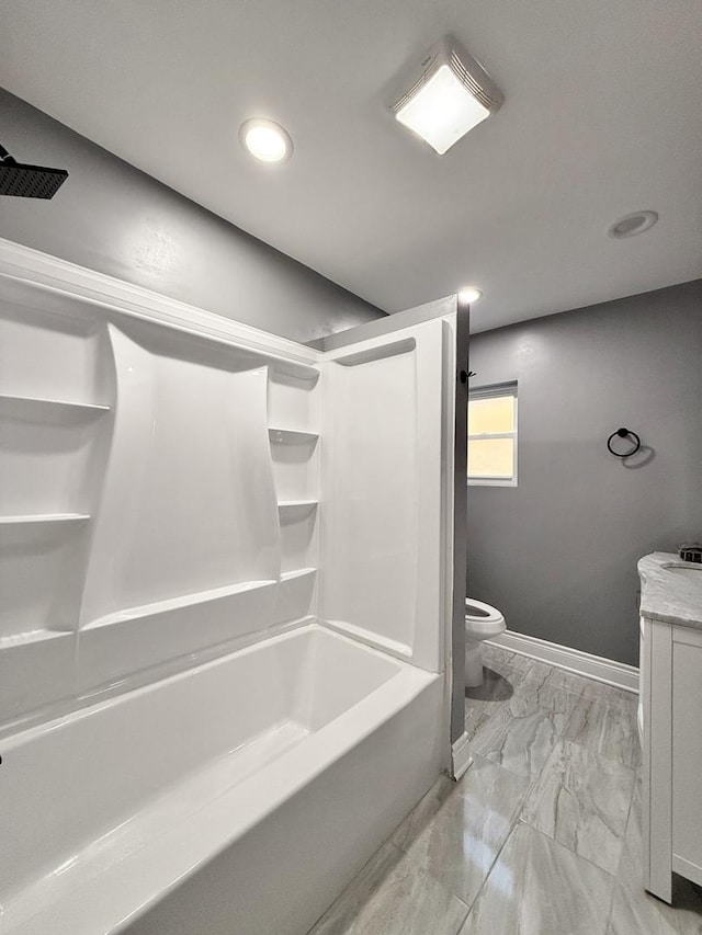 full bathroom featuring toilet,  shower combination, and vanity