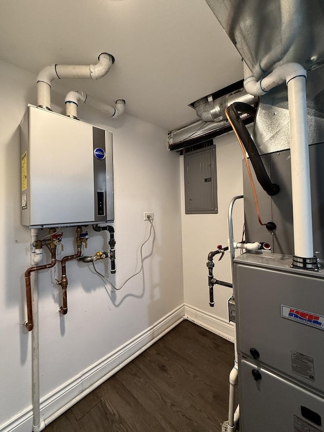 utilities featuring electric panel and tankless water heater