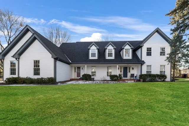 view of front of home with a porch and a front lawn