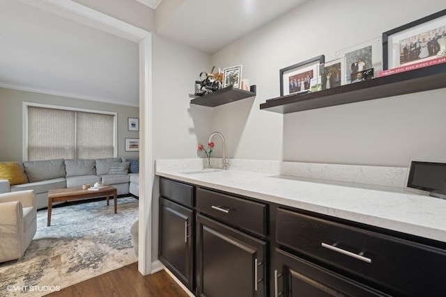 bar featuring ornamental molding, sink, and dark wood-type flooring