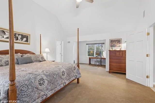 bedroom with vaulted ceiling, light carpet, and ceiling fan