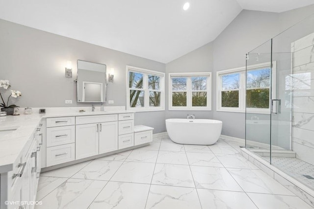 bathroom featuring vanity, high vaulted ceiling, and shower with separate bathtub