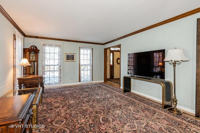 living room featuring crown molding