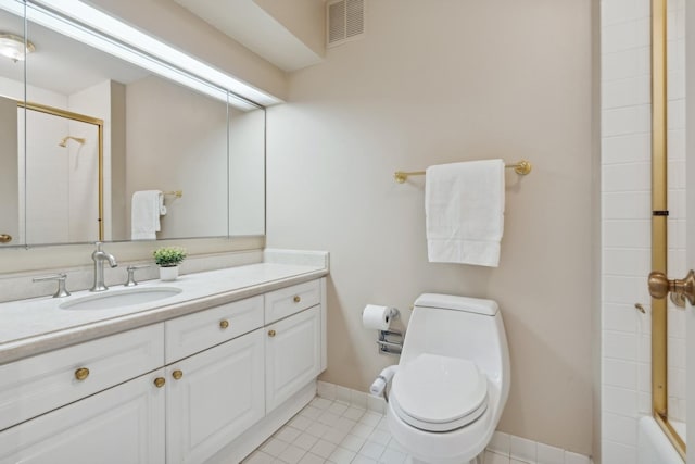 full bathroom featuring enclosed tub / shower combo, toilet, vanity, and tile patterned flooring