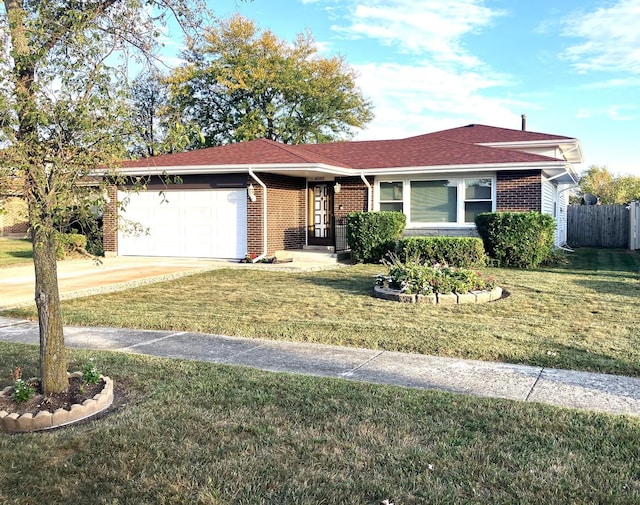 ranch-style house with a garage and a front lawn