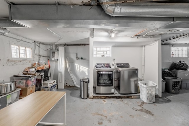 basement with electric panel and independent washer and dryer