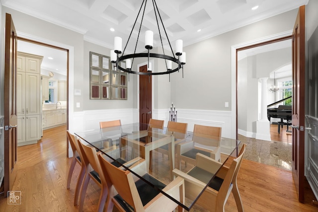 840 Chestnut St, Hinsdale, IL 60521 - dining area featuring a chandelier, coffered ceiling, a wainscoted wall, crown molding, and recessed lighting