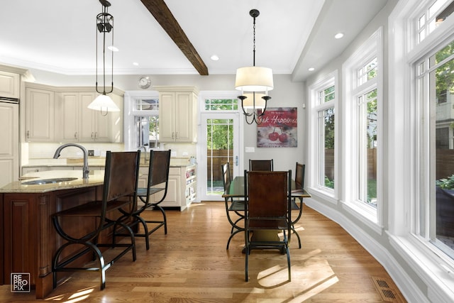 840 Chestnut St, Hinsdale, IL 60521 - dining room featuring light wood-style floors, recessed lighting, and beamed ceiling