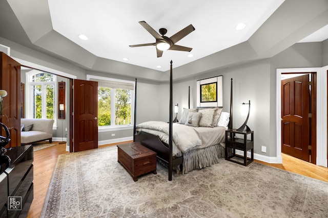 840 Chestnut St, Hinsdale, IL 60521 - bedroom with a tray ceiling, baseboards, wood finished floors, a ceiling fan, and recessed lighting