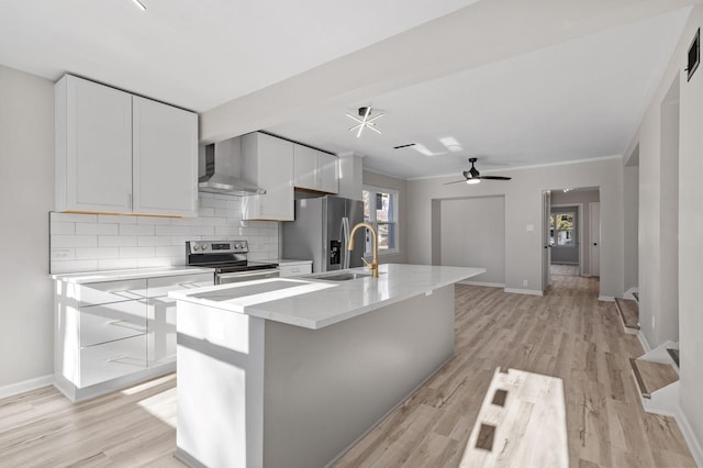 kitchen with appliances with stainless steel finishes, wall chimney range hood, an island with sink, sink, and backsplash